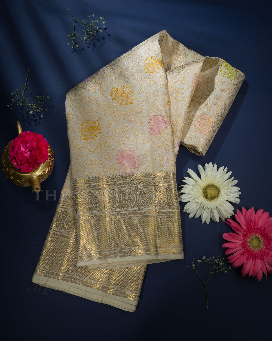 Ivory Brocade Kanjivaram Silk Saree – The Saffron House