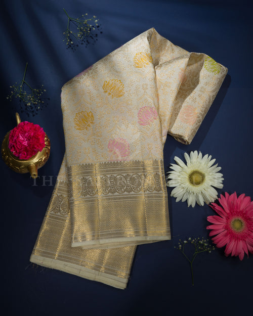 Ivory Brocade Kanjivaram Silk Saree – The Saffron House