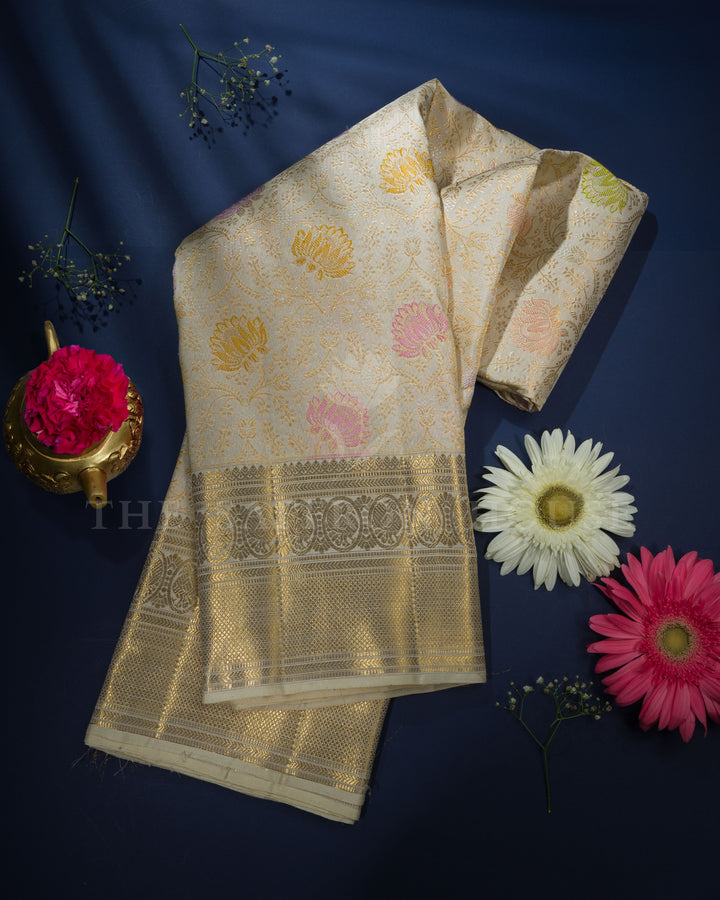 Ivory Brocade Kanjivaram Silk Saree – The Saffron House