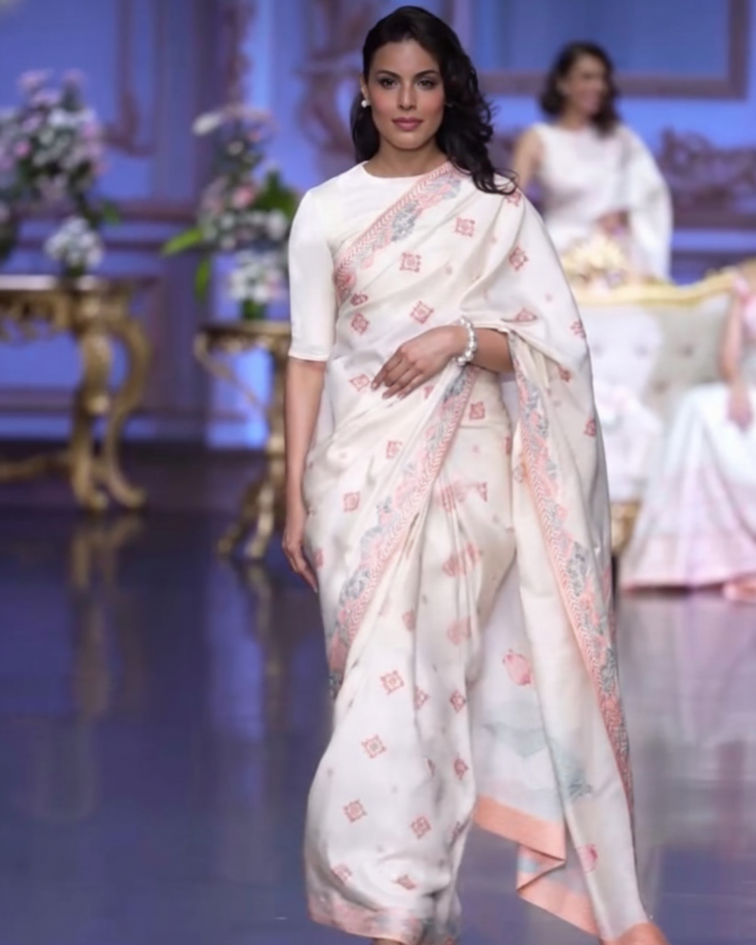 Ivory Rose Heavy Hand Embroidered Pure Kanjivaram Silk Saree - Blooming Heiress - Look 12