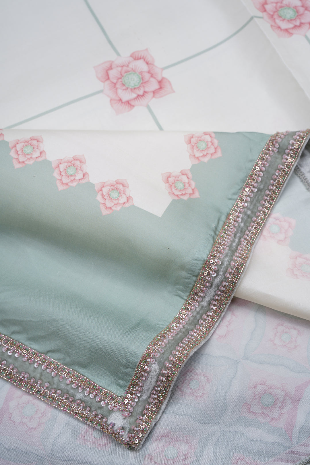 Ivory Sage Kanjivaram Silk Saree with Geometric Border - Blooming Heiress - Look 5