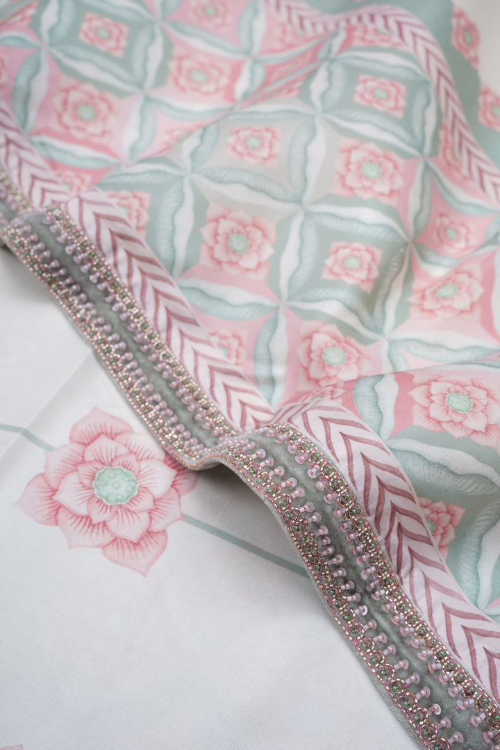 Ivory Sage Kanjivaram Silk Saree with Geometric Border - Blooming Heiress - Look 5