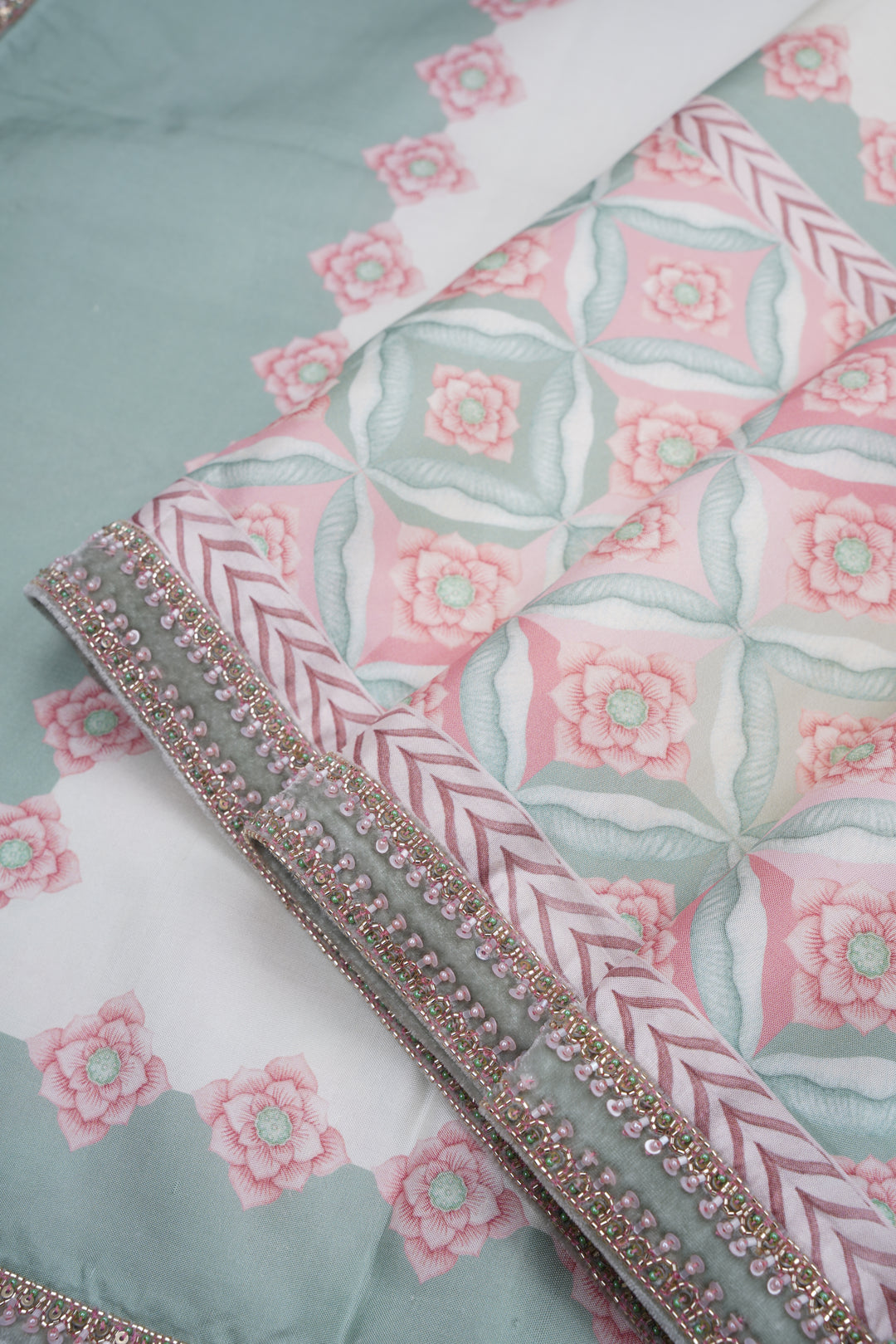 Ivory Sage Kanjivaram Silk Saree with Geometric Border - Blooming Heiress - Look 5
