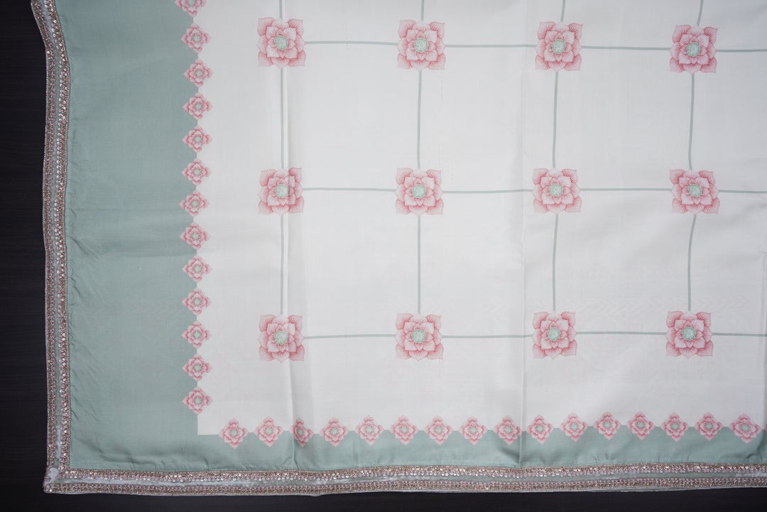 Ivory Sage Kanjivaram Silk Saree with Geometric Border - Blooming Heiress - Look 5
