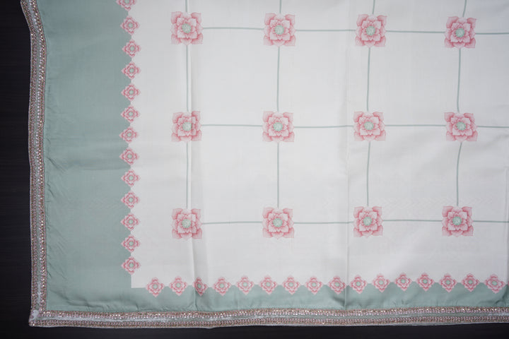 Ivory Sage Kanjivaram Silk Saree with Geometric Border - Blooming Heiress - Look 5