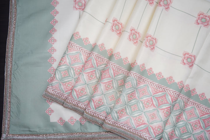Ivory Sage Kanjivaram Silk Saree with Geometric Border - Blooming Heiress - Look 5