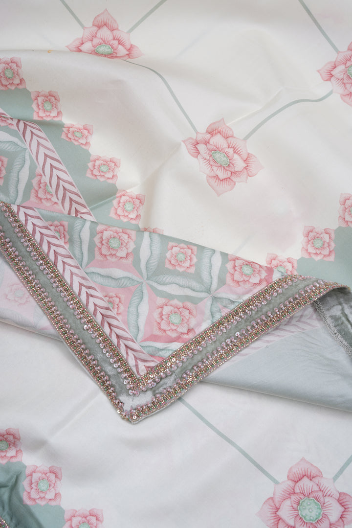 Ivory Sage Kanjivaram Silk Saree with Geometric Border - Blooming Heiress - Look 5