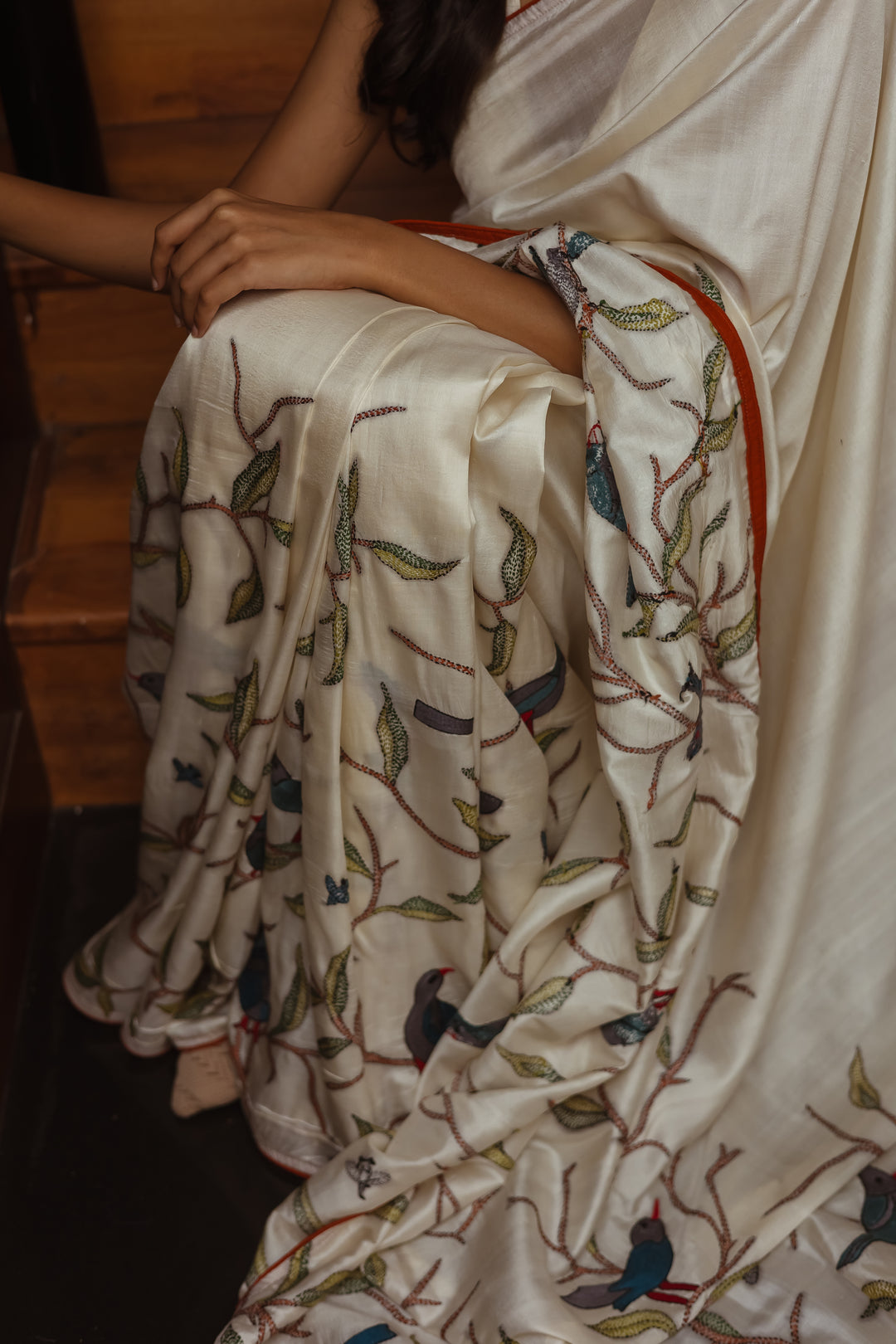 Antique Gold And Ivory Cream Kantha Tussar Silk Saree – The Saffron House