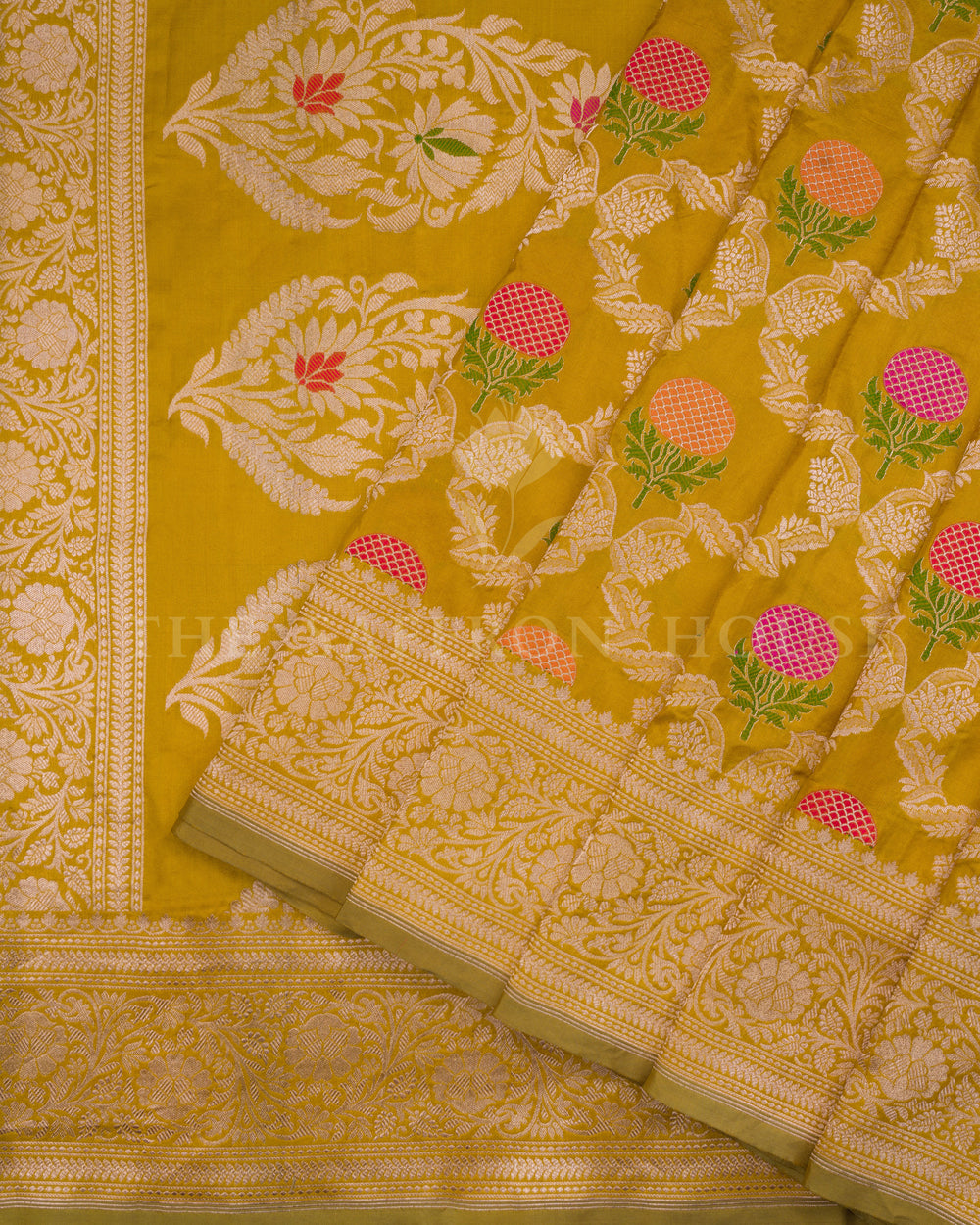 Mustard Gold Katan Banarasi Silk Saree – The Saffron House