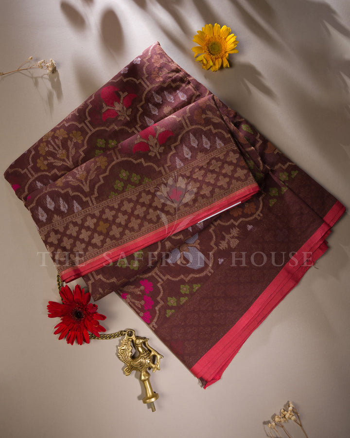 Warm Brown And Coral Kora Banarasi Silk Saree – The Saffron House