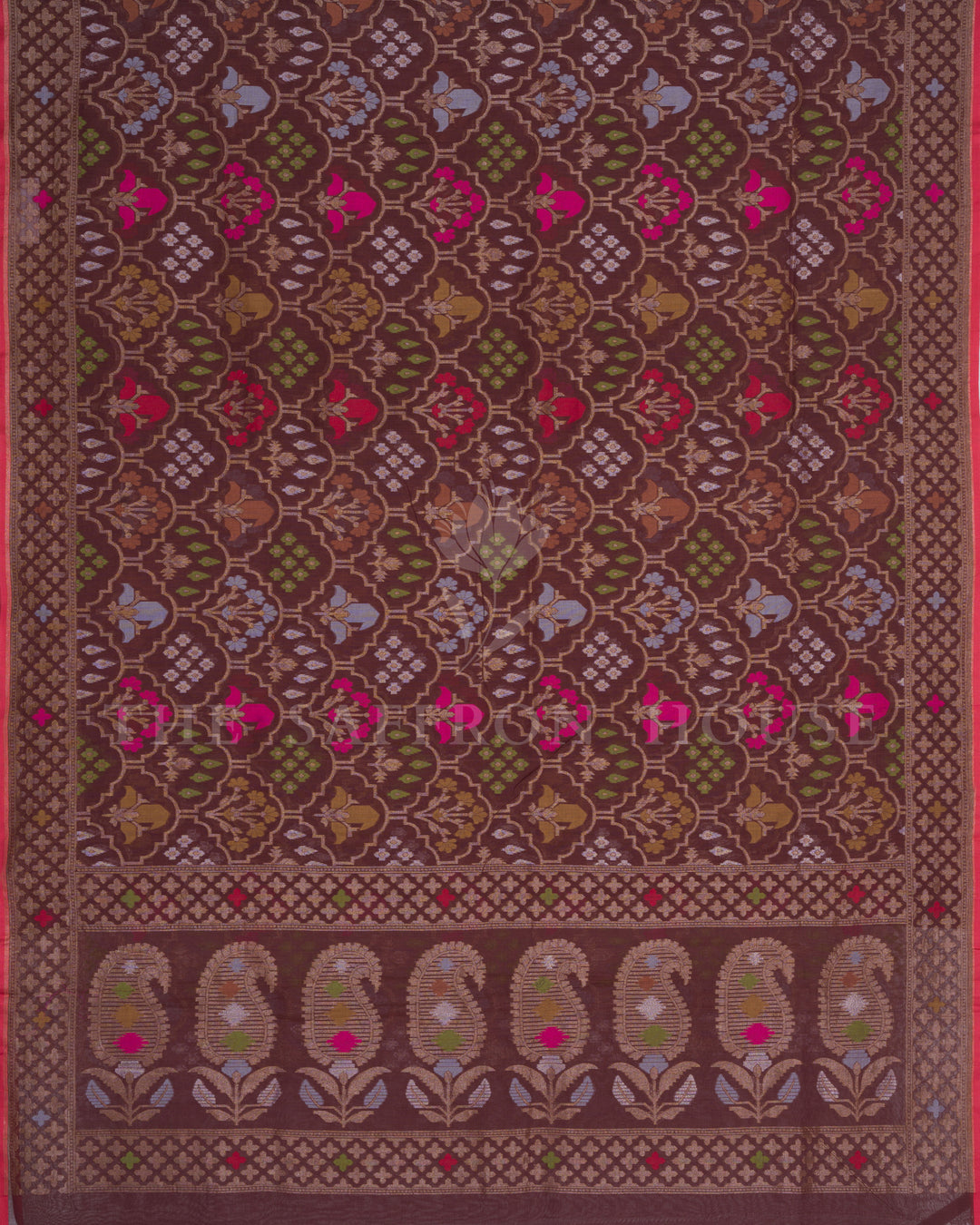 Warm Brown And Coral Kora Banarasi Silk Saree – The Saffron House