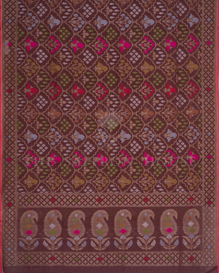 Warm Brown And Coral Kora Banarasi Silk Saree – The Saffron House