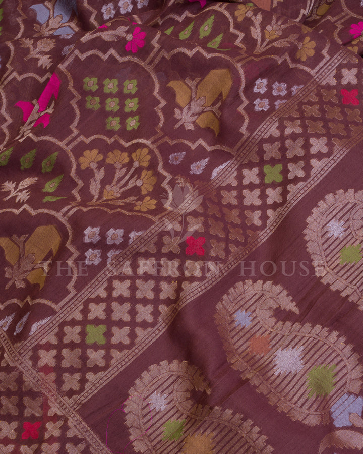 Warm Brown And Coral Kora Banarasi Silk Saree – The Saffron House