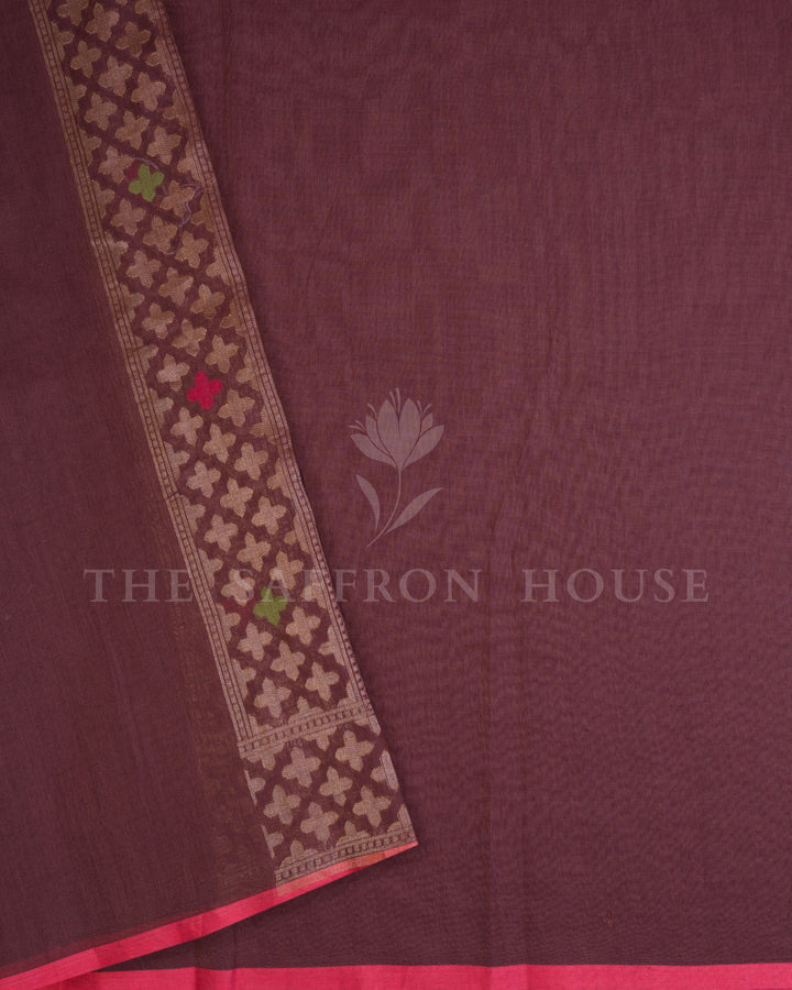 Warm Brown And Coral Kora Banarasi Silk Saree – The Saffron House