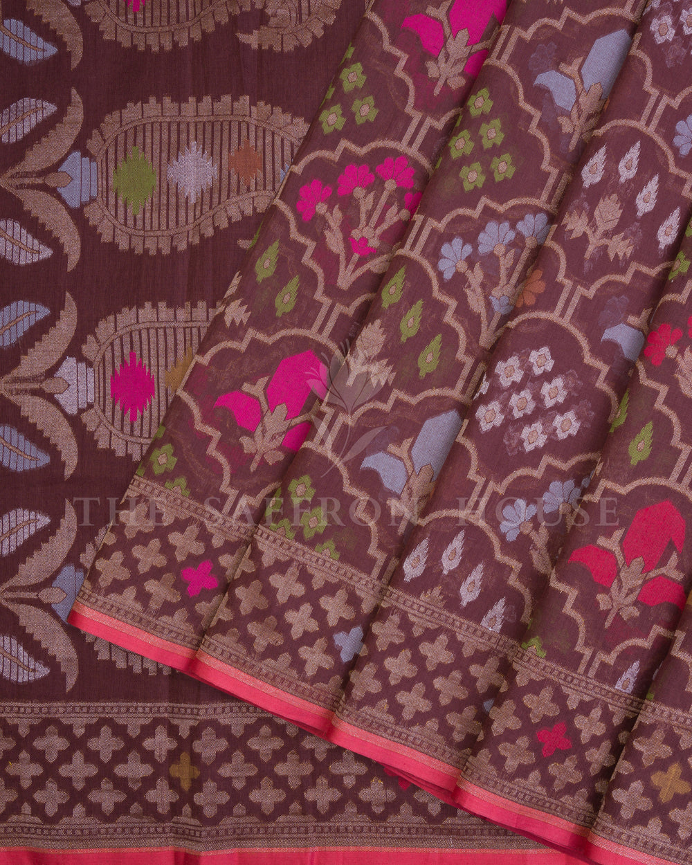 Warm Brown And Coral Kora Banarasi Silk Saree – The Saffron House
