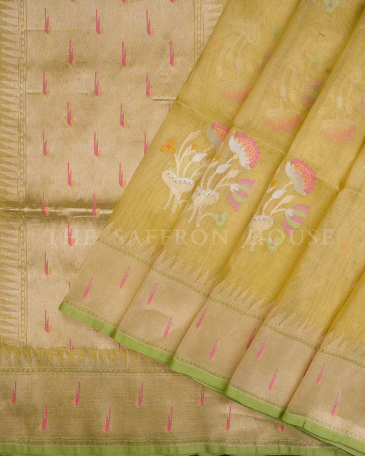 Antique Gold And Sand Beige Kora Banarasi Silk Saree – The Saffron House