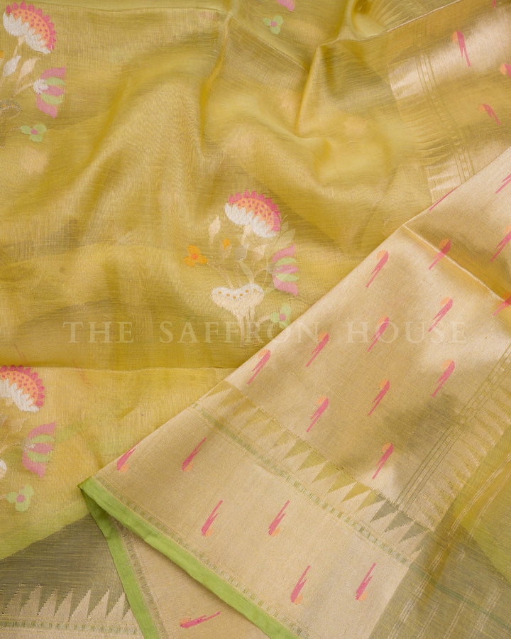 Antique Gold And Sand Beige Kora Banarasi Silk Saree – The Saffron House