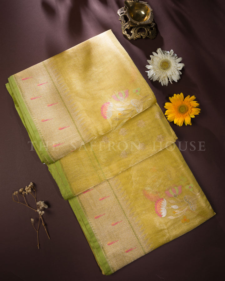 Antique Gold And Sand Beige Kora Banarasi Silk Saree – The Saffron House