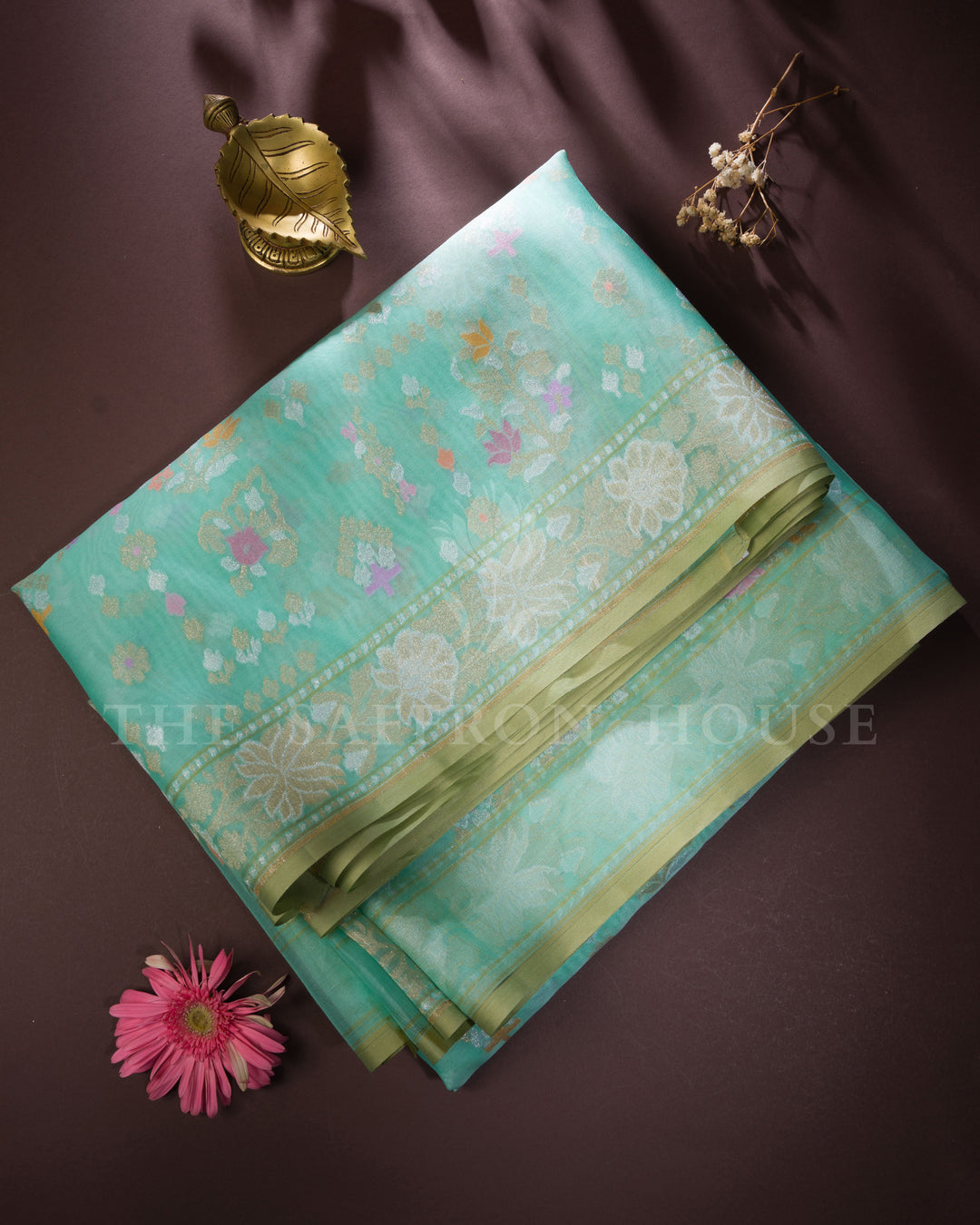 Mint Kora Banarasi Silk Saree – The Saffron House