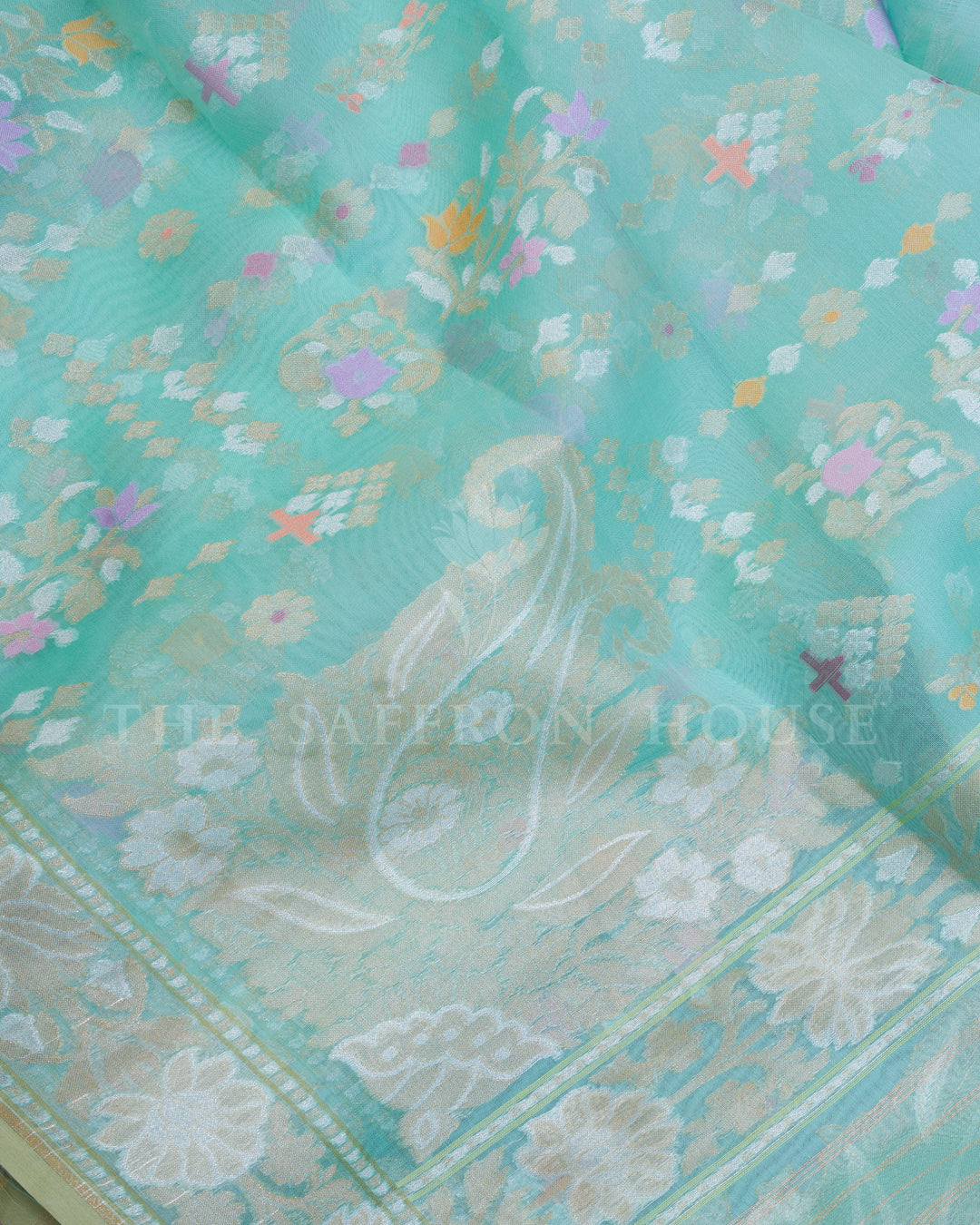 Mint Kora Banarasi Silk Saree – The Saffron House