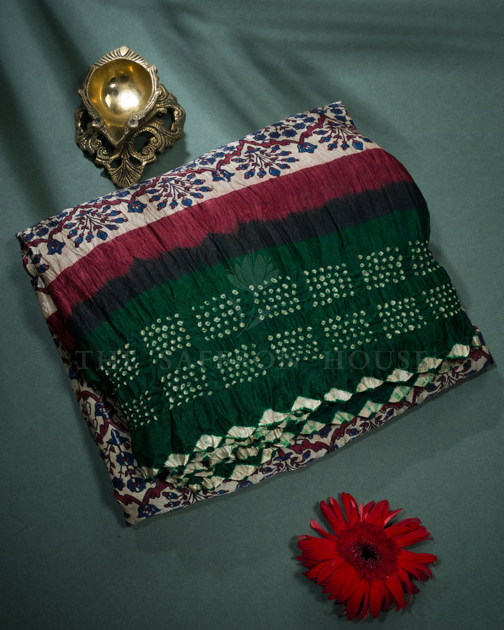 Sand Beige And Bottle Green Bandhini Modal Silk Saree – The Saffron House