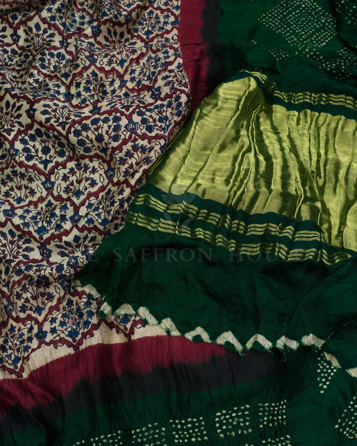 Sand Beige And Bottle Green Bandhini Modal Silk Saree – The Saffron House