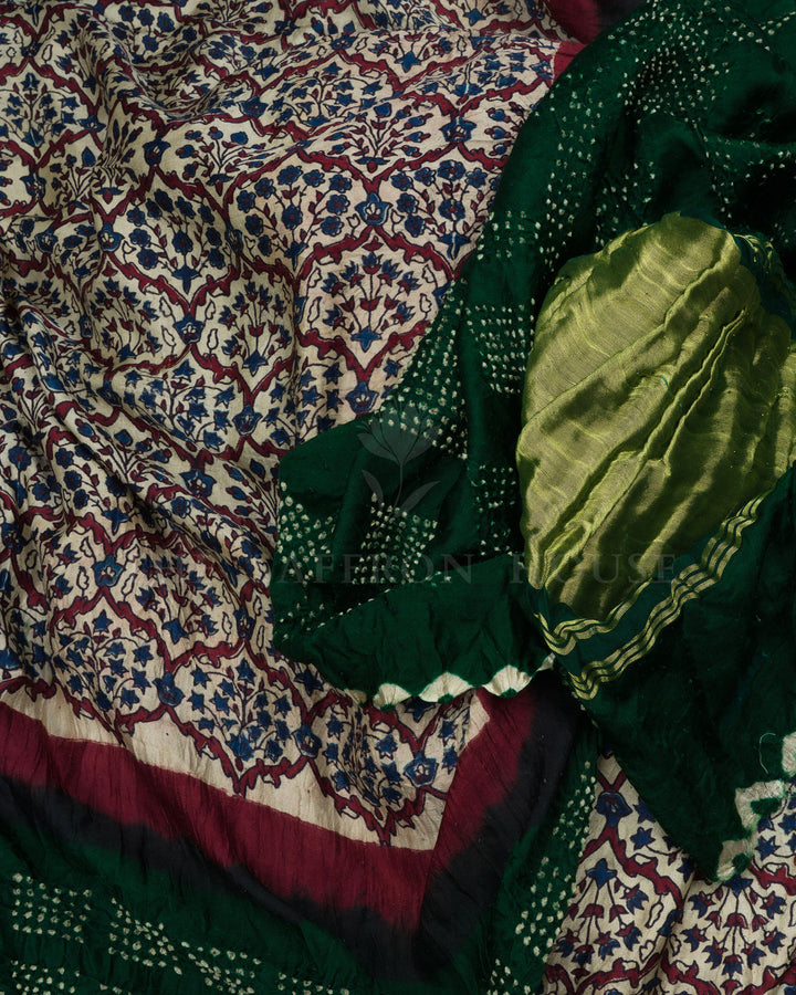 Sand Beige And Bottle Green Bandhini Modal Silk Saree – The Saffron House