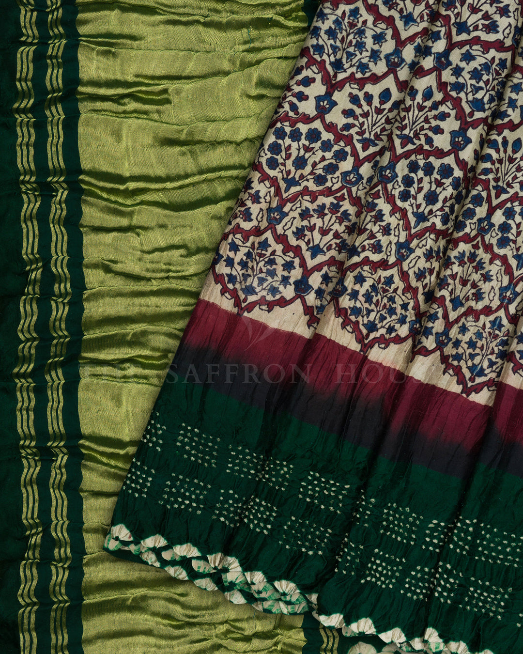 Sand Beige And Bottle Green Bandhini Modal Silk Saree – The Saffron House