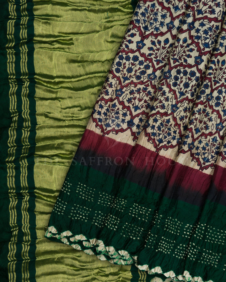Sand Beige And Bottle Green Bandhini Modal Silk Saree – The Saffron House