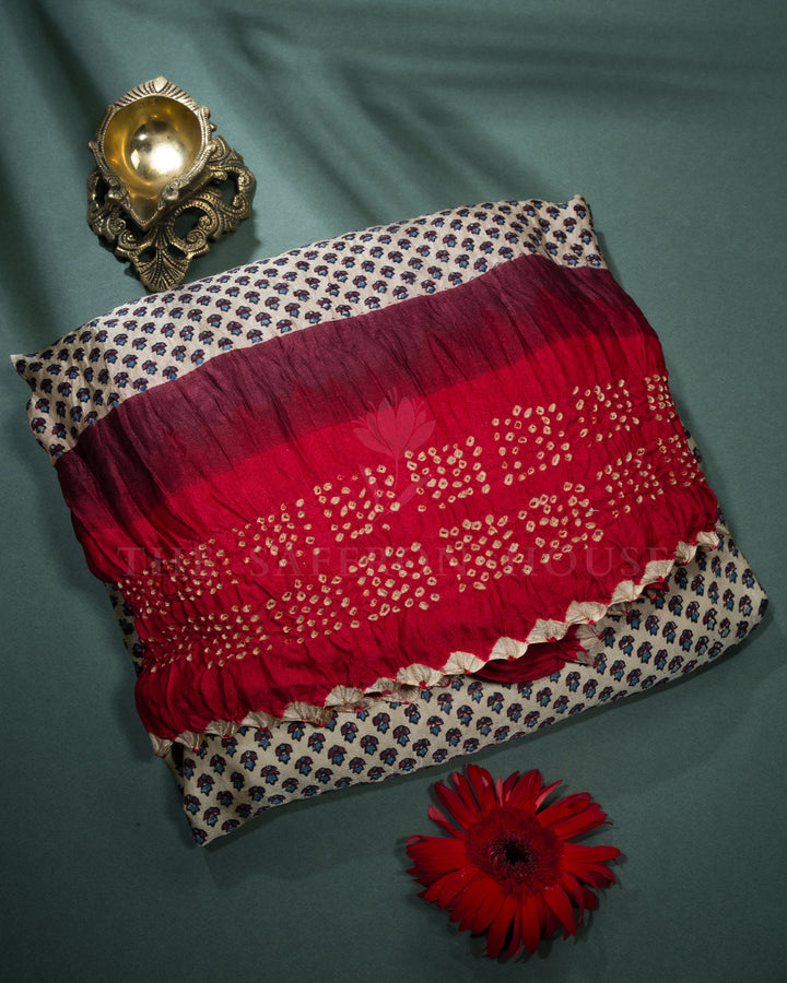 Sand Beige And Burgundy Maroon Bandhini Modal Silk Saree – The Saffron House