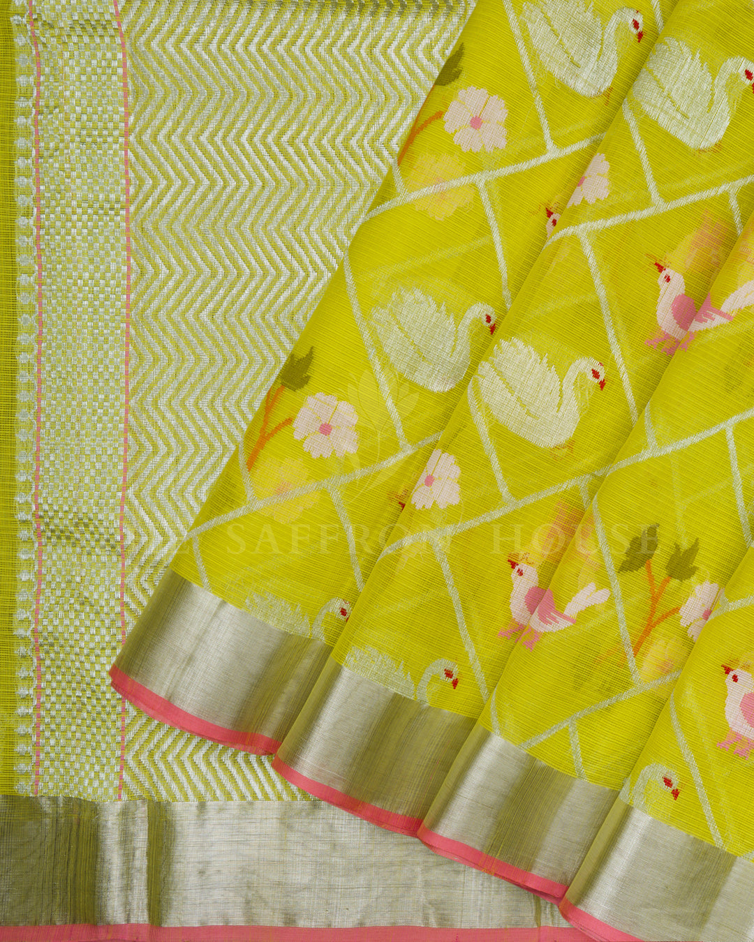 Lime Green Jamdani Silk Saree – The Saffron House