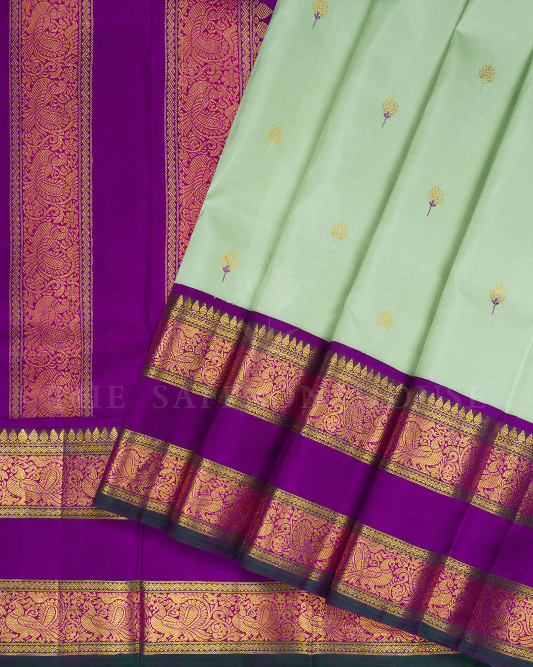 Pistachio Green And Violet Kanjivaram Silk Saree – The Saffron House