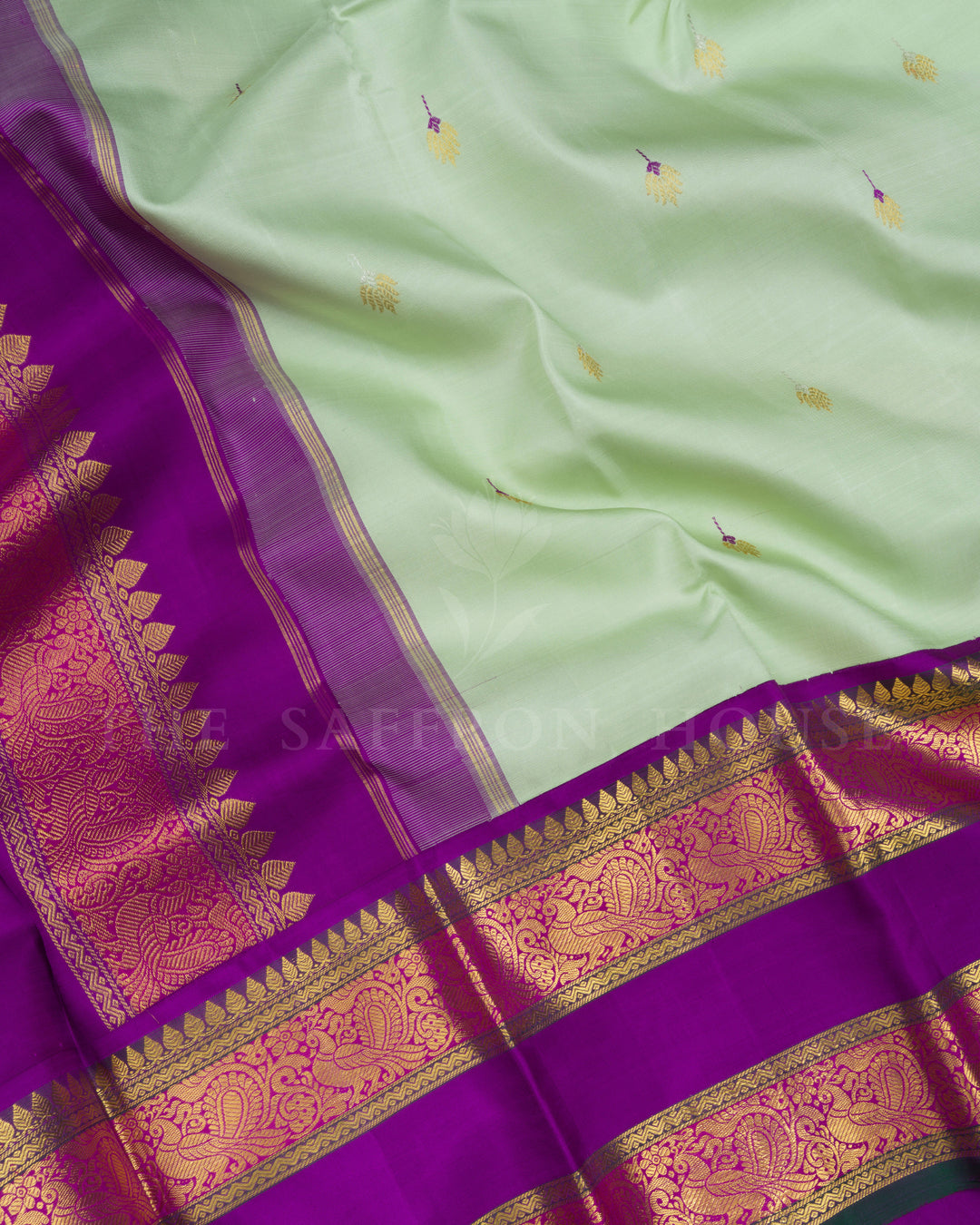 Pistachio Green And Violet Kanjivaram Silk Saree – The Saffron House