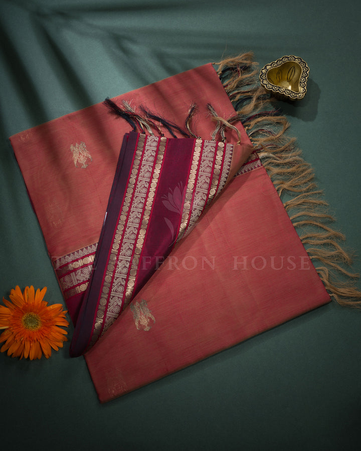 Rust Orange And Burgundy Maroon Handwoven Silk Cotton Saree – The Saffron House