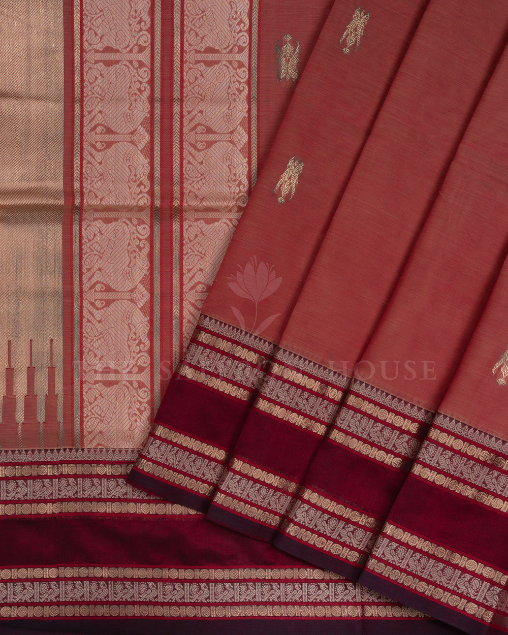 Rust Orange And Burgundy Maroon Handwoven Silk Cotton Saree – The Saffron House