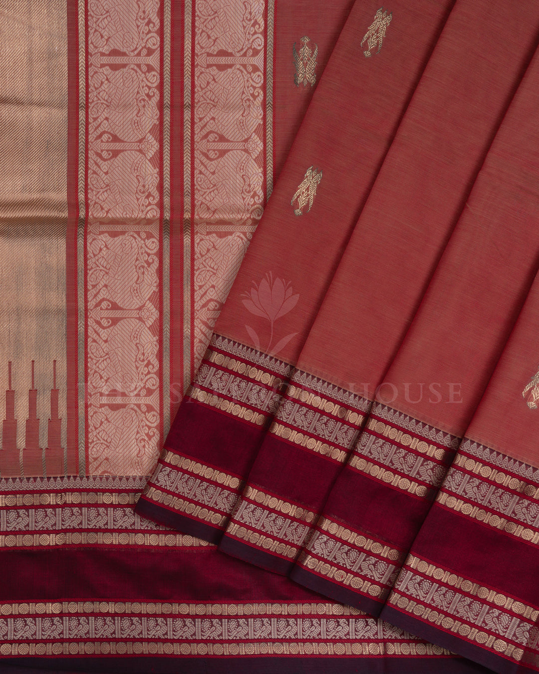 Rust Orange And Burgundy Maroon Handwoven Silk Cotton Saree – The Saffron House