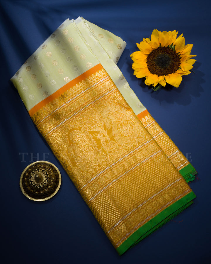 Yellow And Green Brocade Kanjivaram Silk Saree – The Saffron House