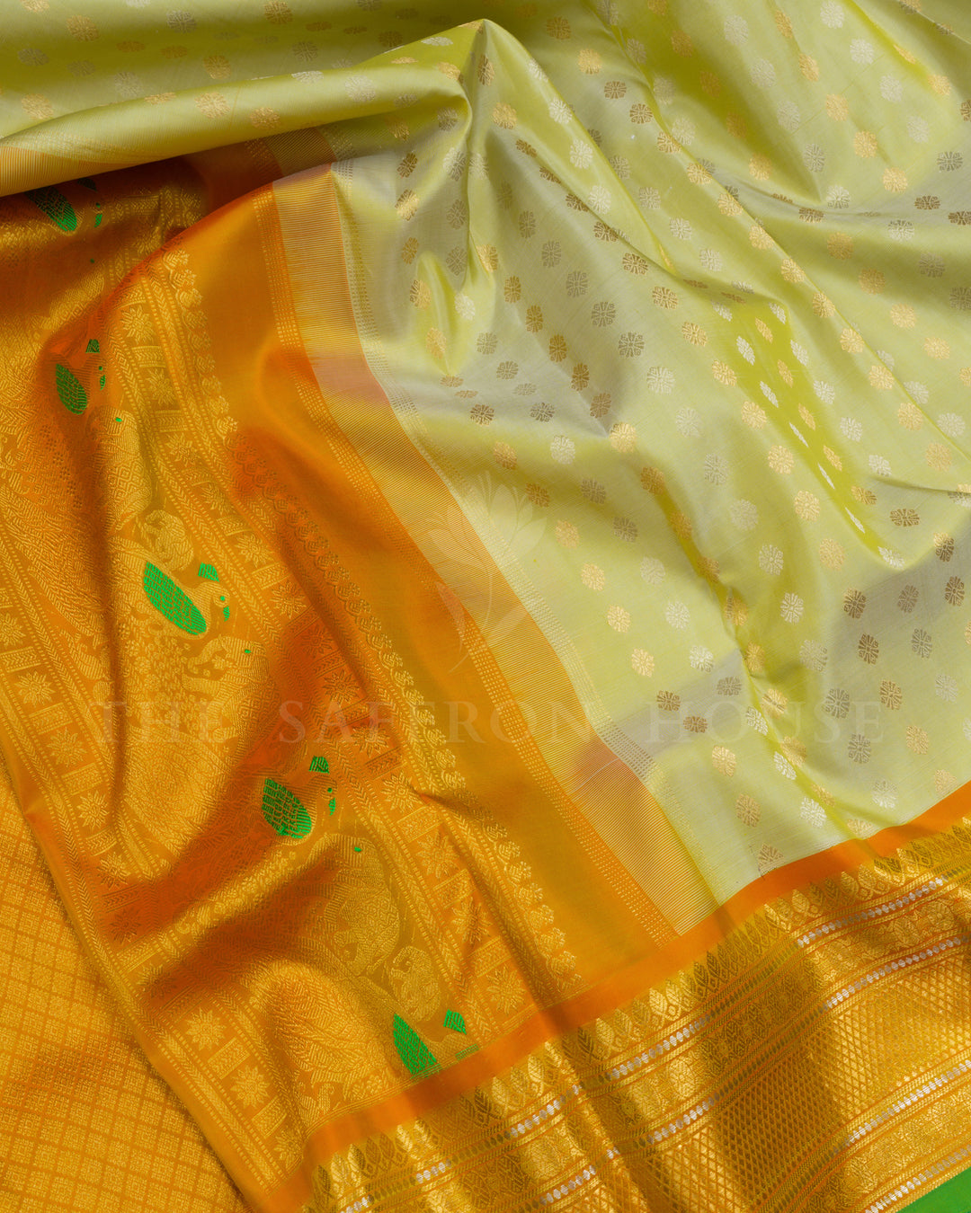 Yellow And Green Brocade Kanjivaram Silk Saree – The Saffron House