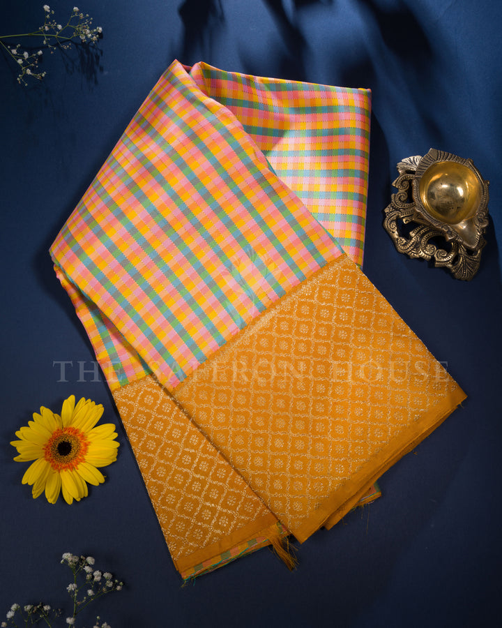 Multicolour And Yellow Kattam Kanjivaram Silk Saree – The Saffron House