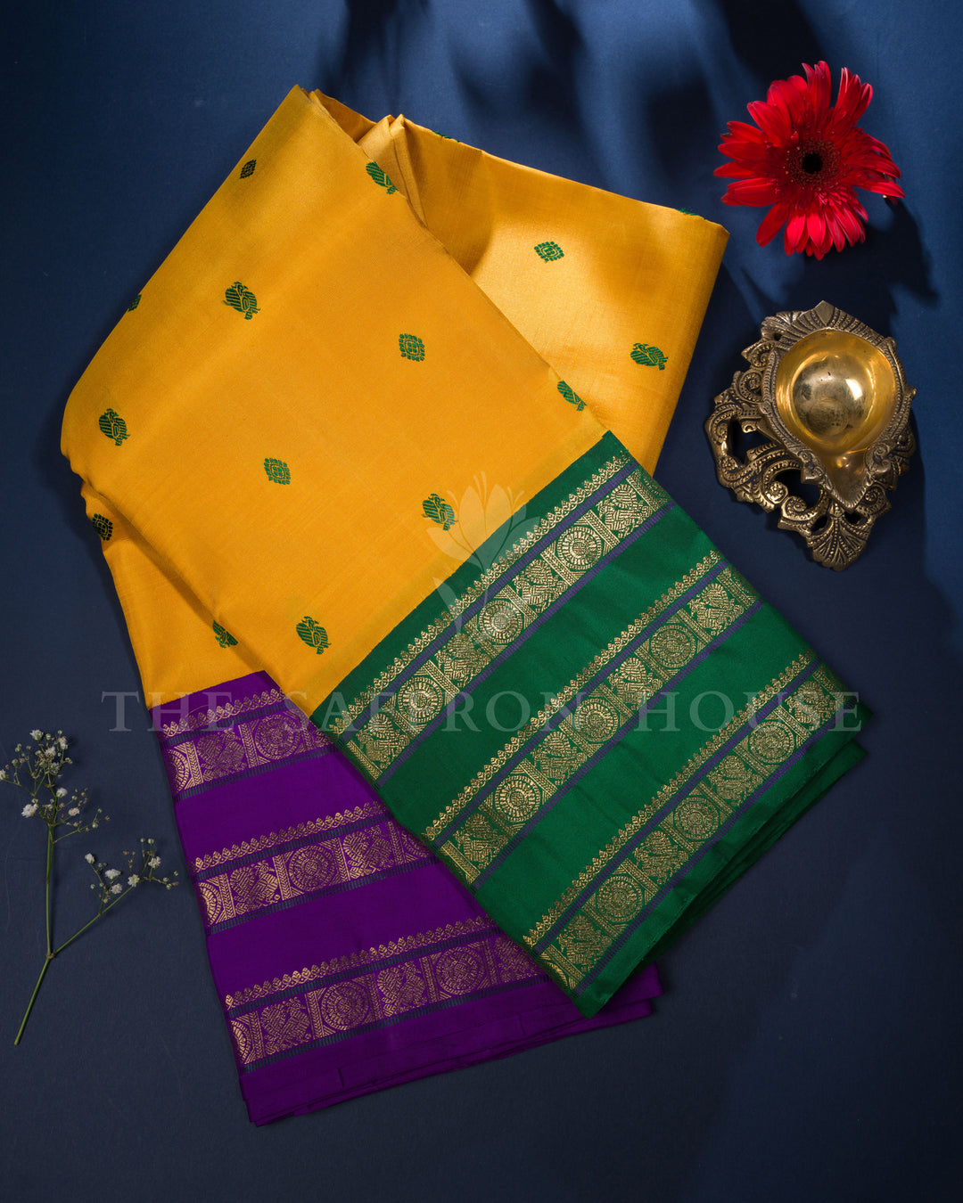 Bottle Green And Marigold Kanjivaram Silk Saree – The Saffron House