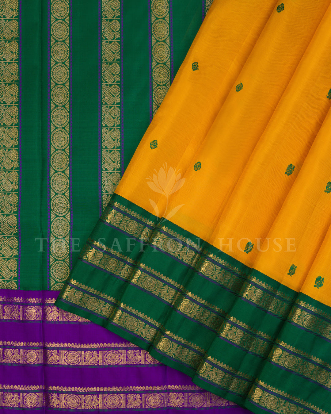 Bottle Green And Marigold Kanjivaram Silk Saree – The Saffron House