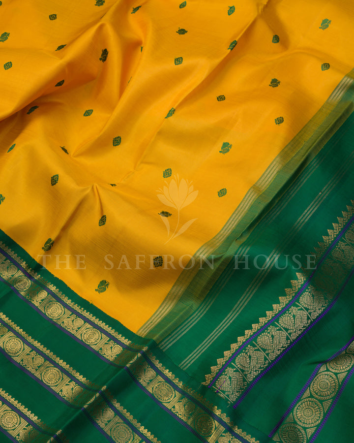 Bottle Green And Marigold Kanjivaram Silk Saree – The Saffron House