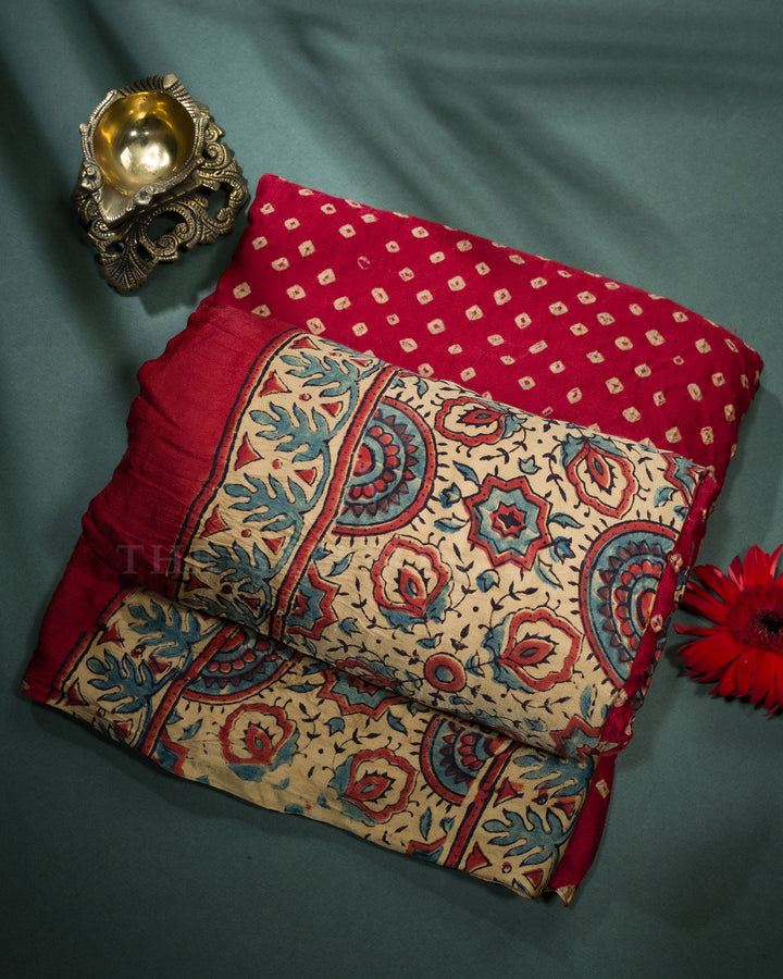 Burgundy Maroon And Sand Beige Bandhini Modal Silk Saree – The Saffron House