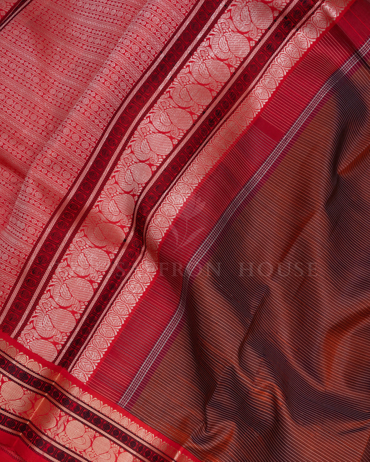 Burgundy Maroon And Rust Orange Kattam Kanjivaram Silk Saree – The Saffron House