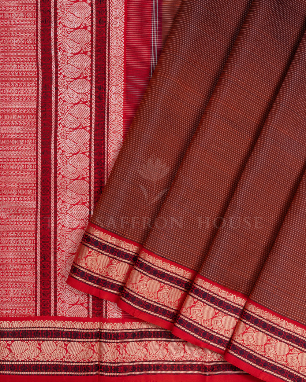 Burgundy Maroon And Rust Orange Kattam Kanjivaram Silk Saree – The Saffron House