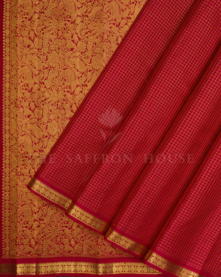 Burgundy Maroon Kattam Kanjivaram Silk Saree – The Saffron House