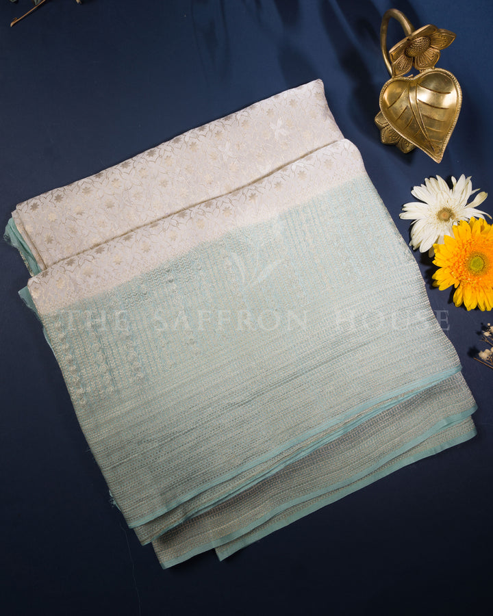 Teal And Sand Beige Georgette Banarasi Saree – The Saffron House