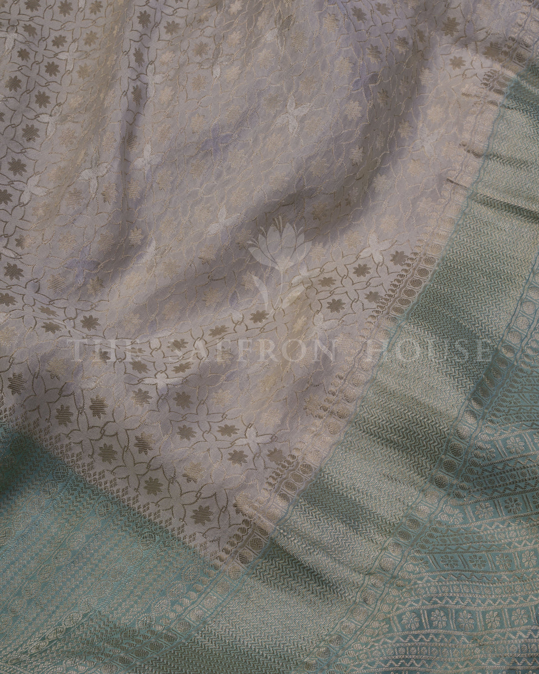 Teal And Sand Beige Georgette Banarasi Saree – The Saffron House