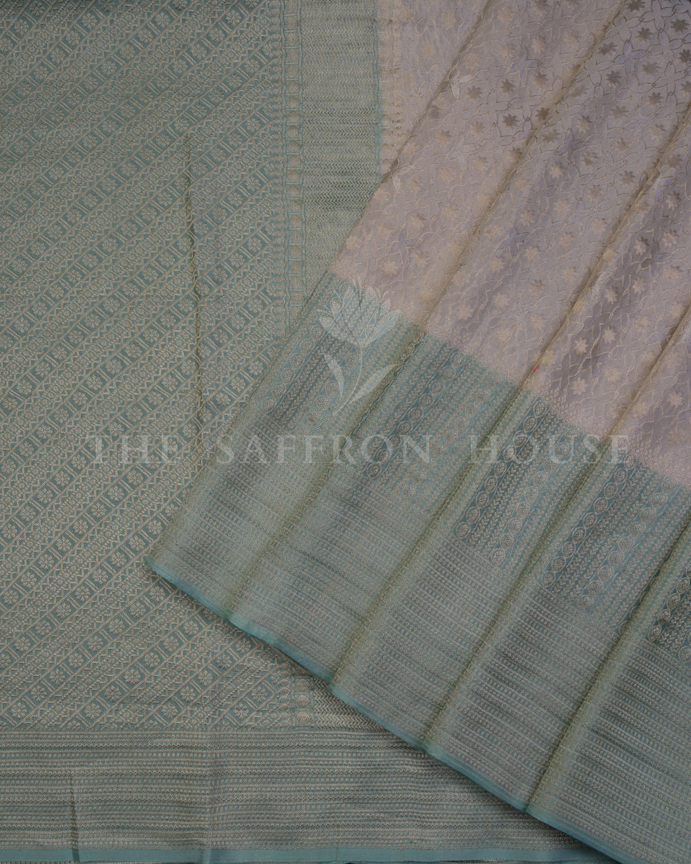 Teal And Sand Beige Georgette Banarasi Saree – The Saffron House