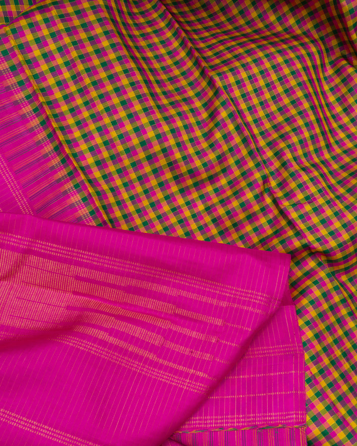Rani Pink And Multicolour Kattam Kanjivaram Silk Saree – The Saffron House